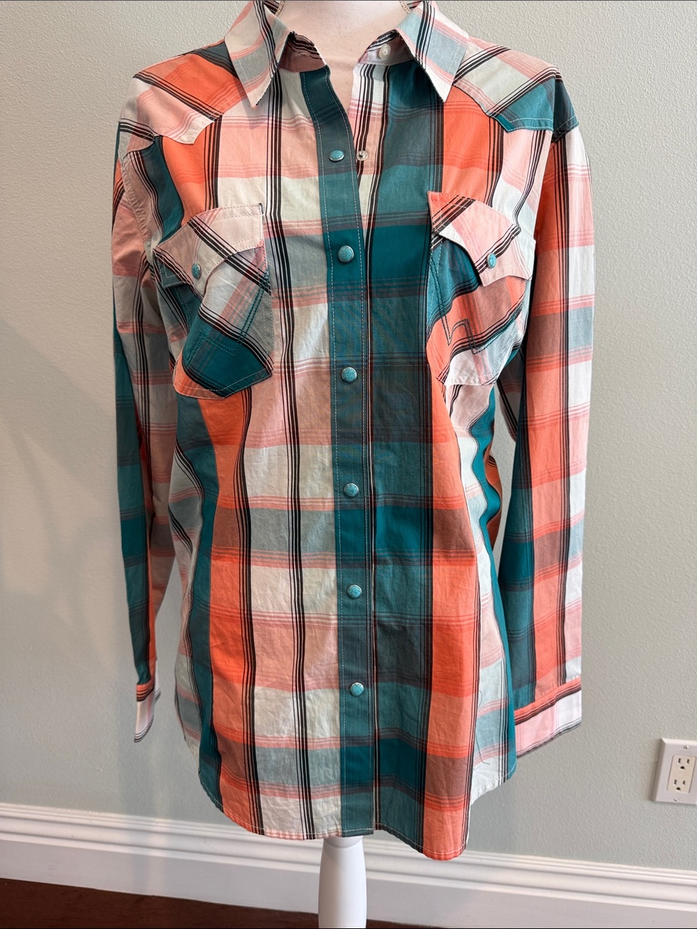 WRANGLER RETRO Button-Front womens Shirt - Coral, Teal & White SIZEXXL PTP 251/2